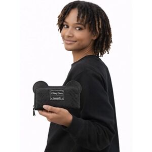 DISNEY PARKS x LOUNGEFLY Woven Mickey Ear Zip-Around Wallet – Black | NWOT